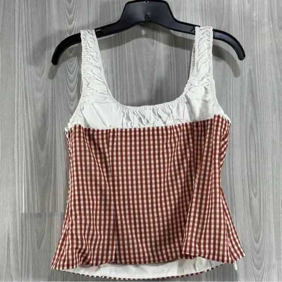 ZARA Gingham Corset Milk Maid Tank Top Rust White Ruched Tie Women’s Size XL - Picture 2 of 9